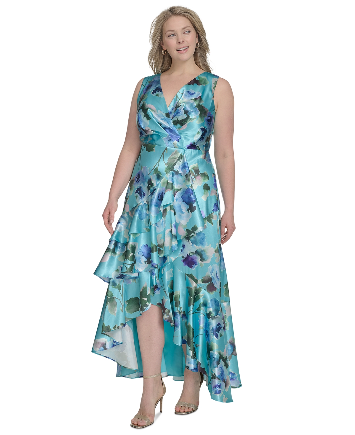 ELIZA J PLUS SIZE PRINTED SATIN HIGH-LOW MIDI DRESS 