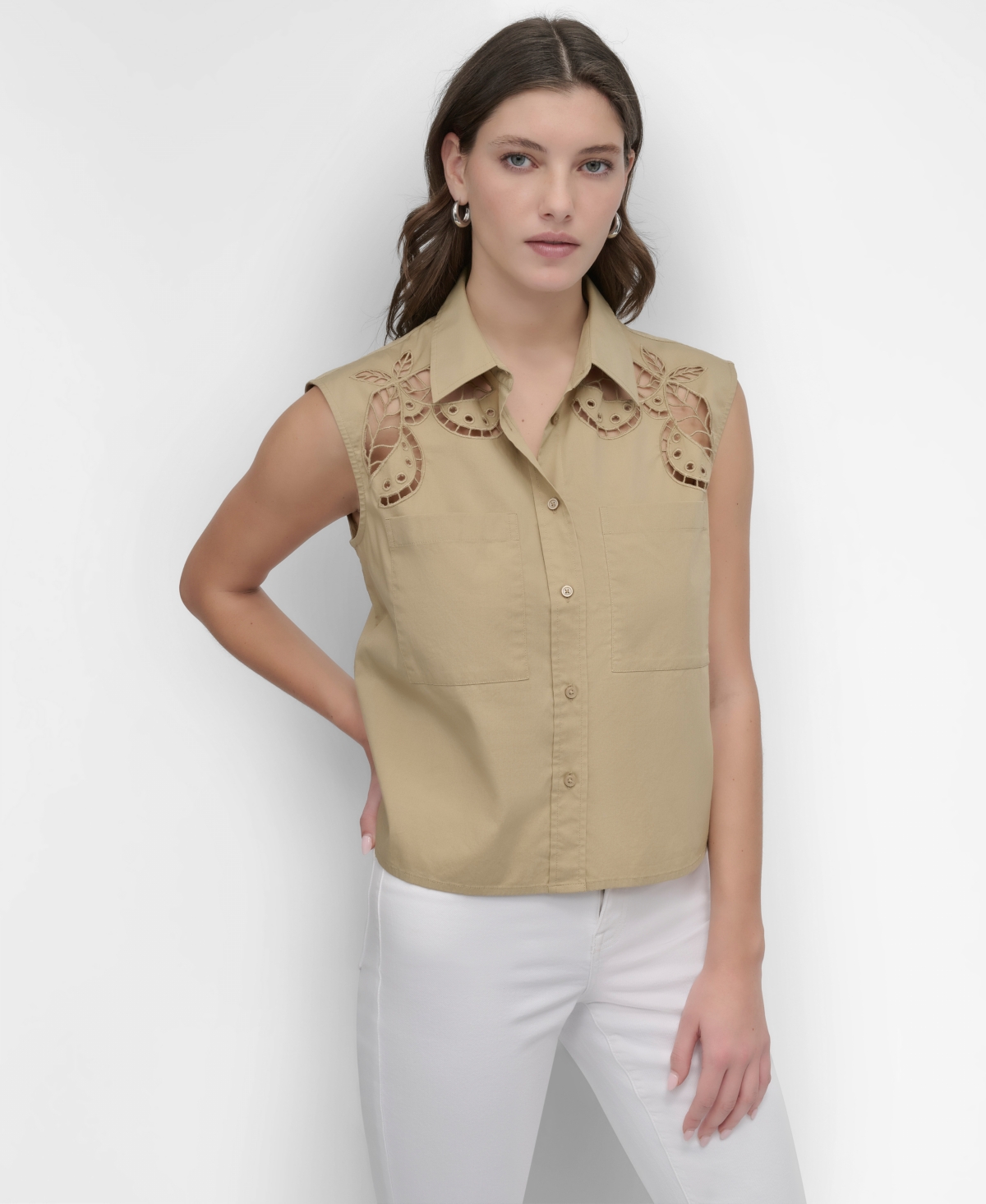 Women's Cotton Sleeveless Ladder-Trim Blouse - White