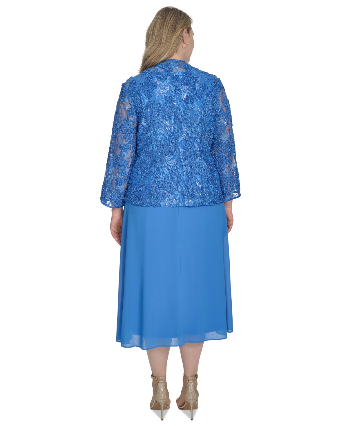 Jessica Howard Women's 2.pc Jewel-neck Midi Dress & Lace 3/4-sleeve Jacket In Blue