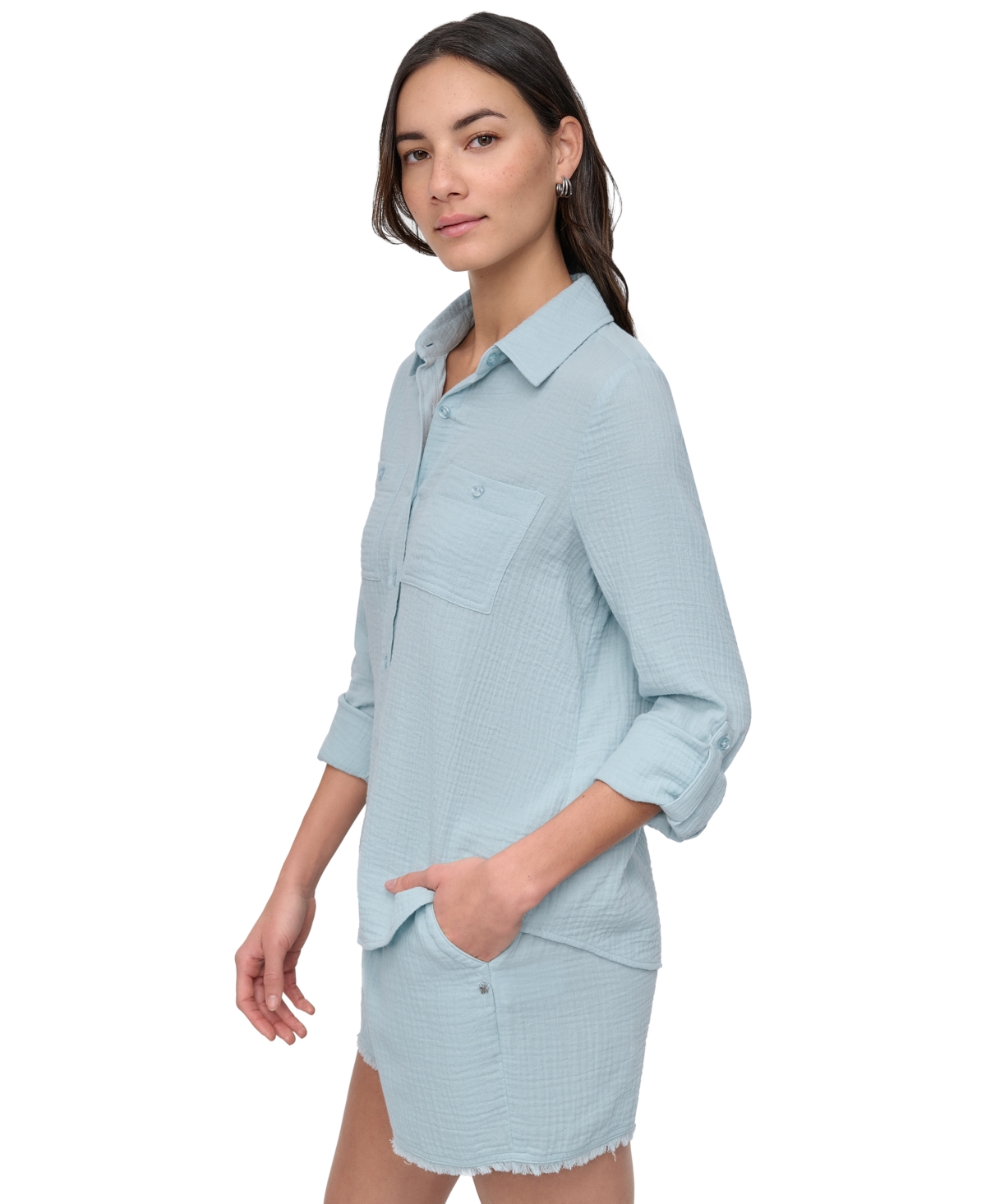 DKNY JEANS PETITE COTTON ROLL-TAB SHIRT 