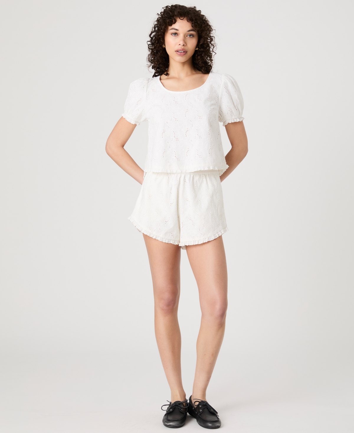 French Connection Ruffle Hem Cotton Eyelet Shorts In Summer White