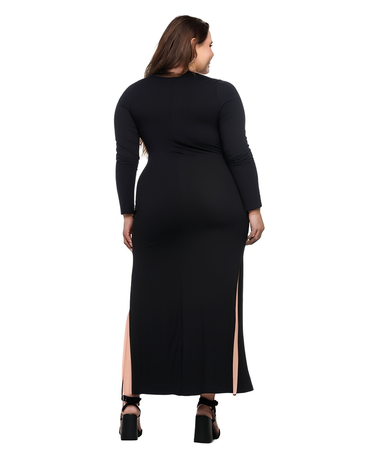 24seven Comfort Apparel Plus Size Long Sleeve Side Slit Fitted Maxi Dress In Black