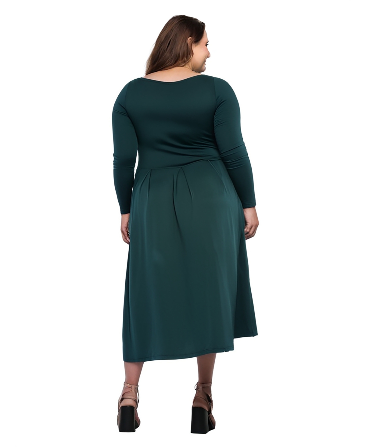 24seven Comfort Apparel Plus Size Long Sleeve Fit And Flare Midi Dress In Hunter