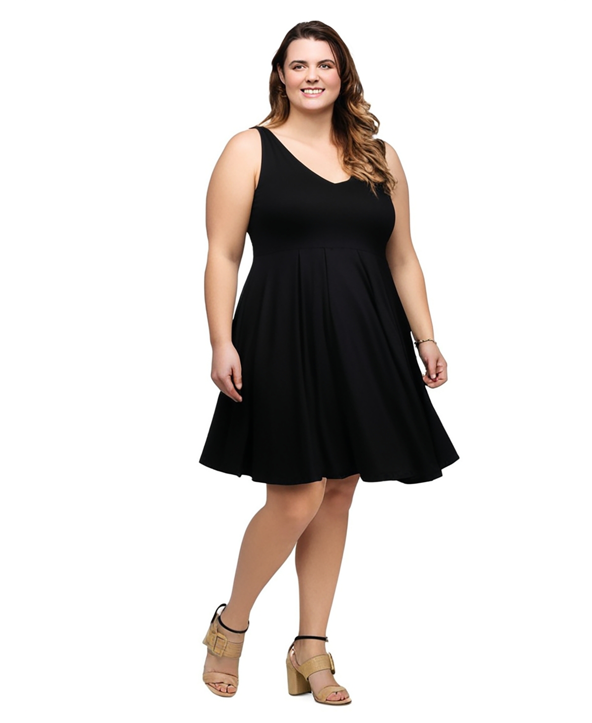 24seven Comfort Apparel Plus Size Sleeveless Midi Fit And Flare Pocket Dress In Black