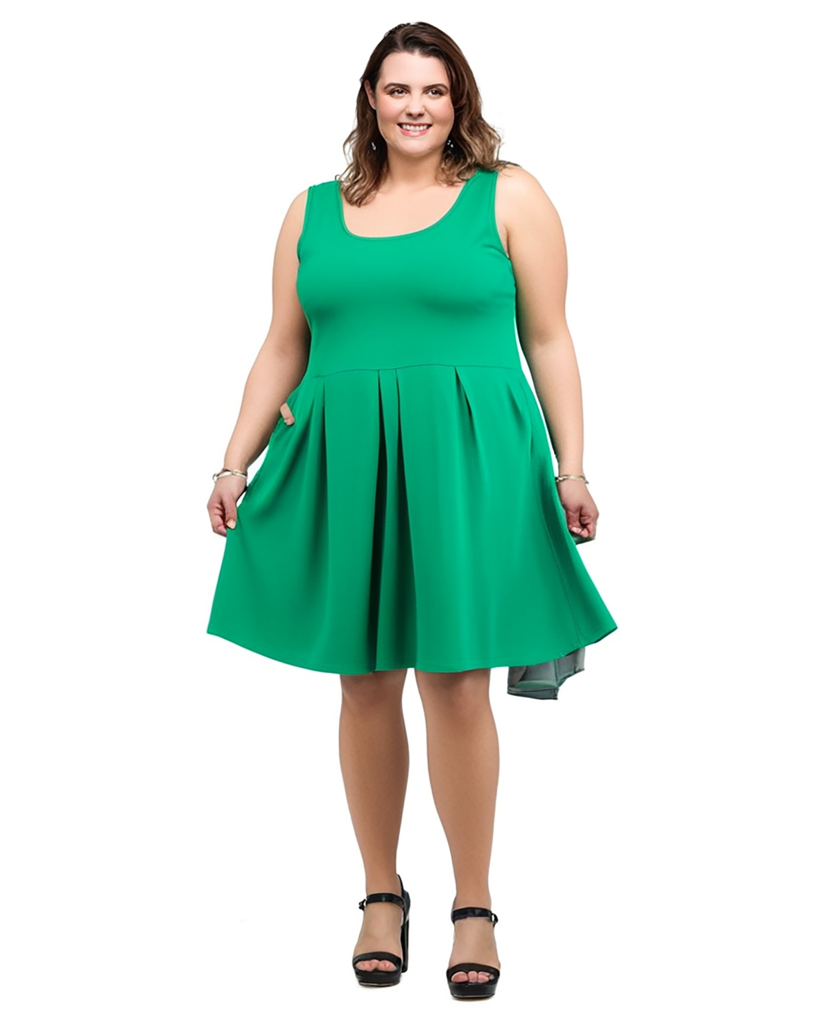 24seven Comfort Apparel Plus Size Sleeveless Midi Fit And Flare Pocket Dress In Green