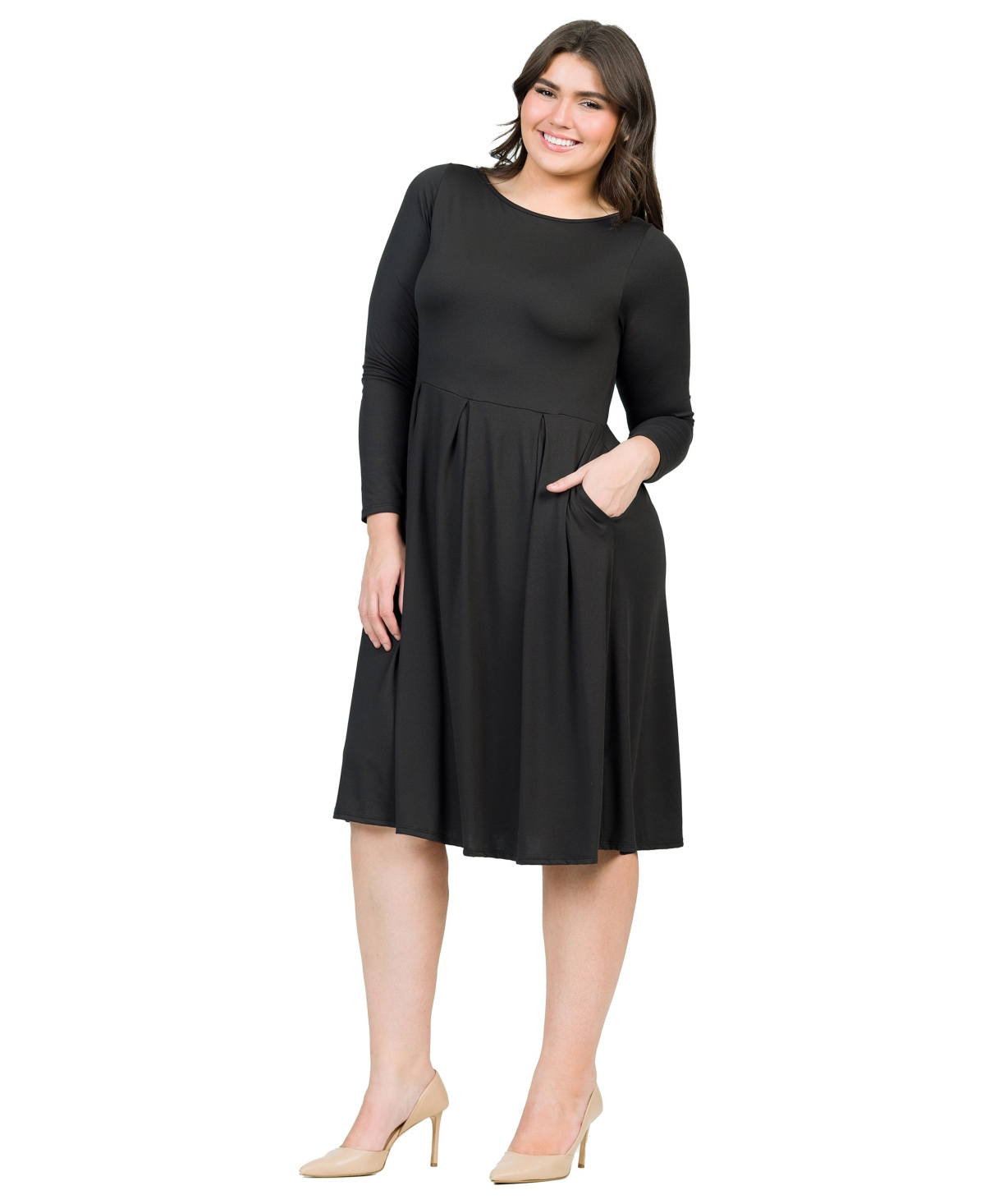 24seven Comfort Apparel Plus Size Long Sleeve Fit And Flare Midi Dress In Black