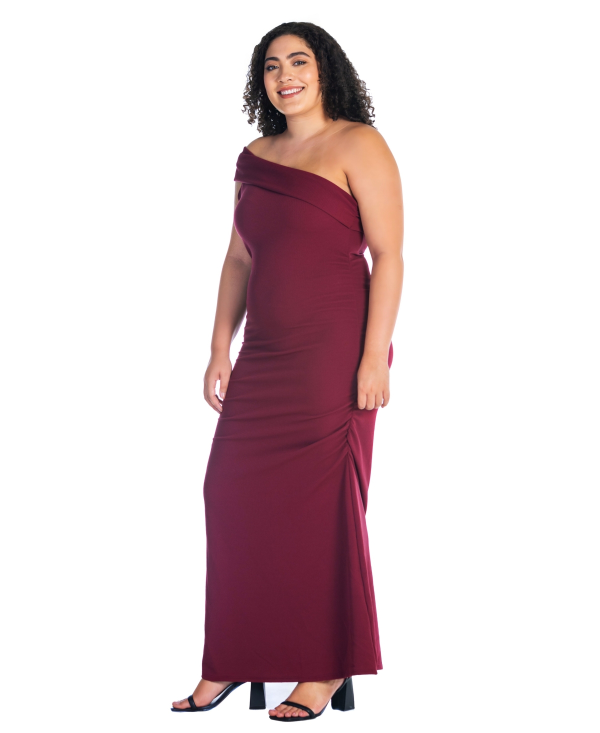 24seven Comfort Apparel Plus Size Formal One Shoulder Rouched Mermaid Maxi Dress In Brick