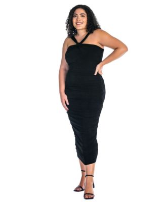 Plus Size Halter Cross Neck Ruched Bodycon Mid Dress