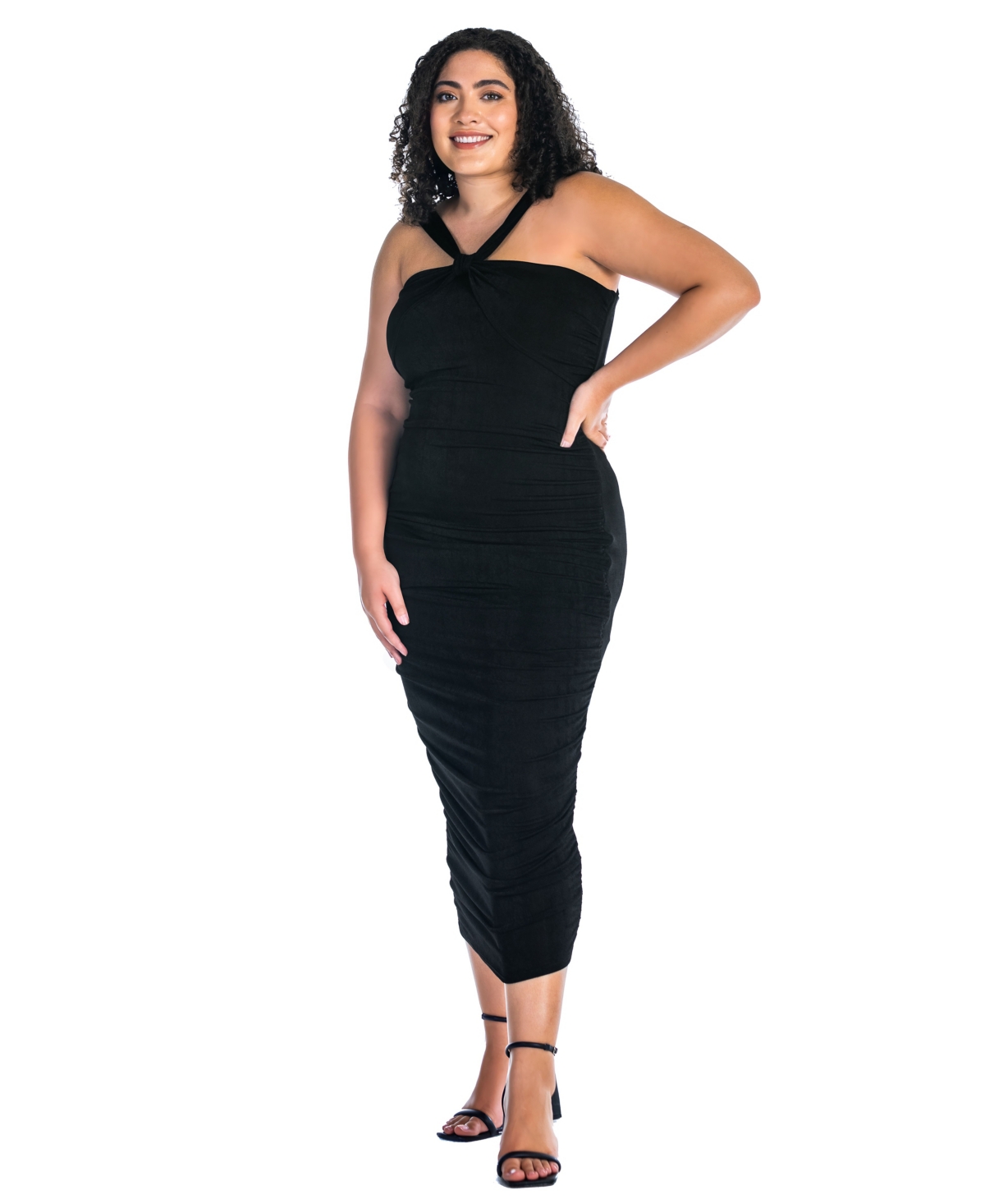 24seven Comfort Apparel Plus Size Halter Cross Neck Ruched Bodycon Mid Dress In Black