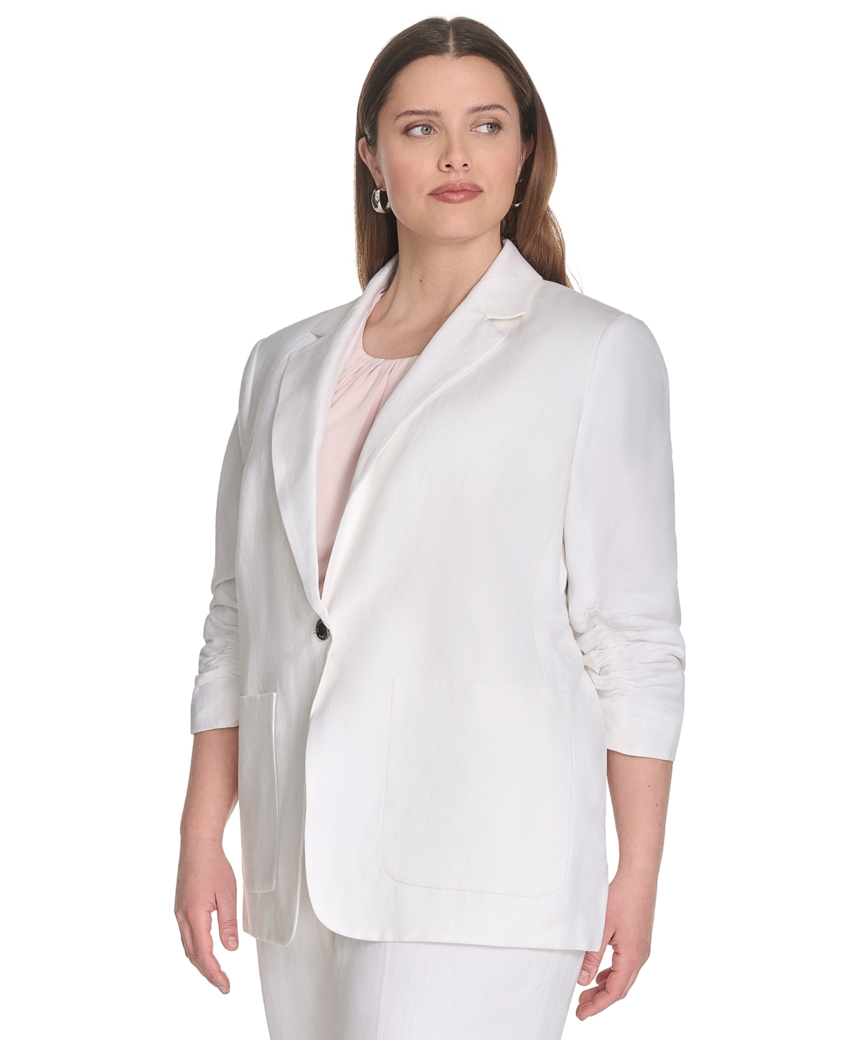 CALVIN KLEIN PLUS SIZE NOTCHED COLLAR RUCHED-SLEEVE BLAZER 