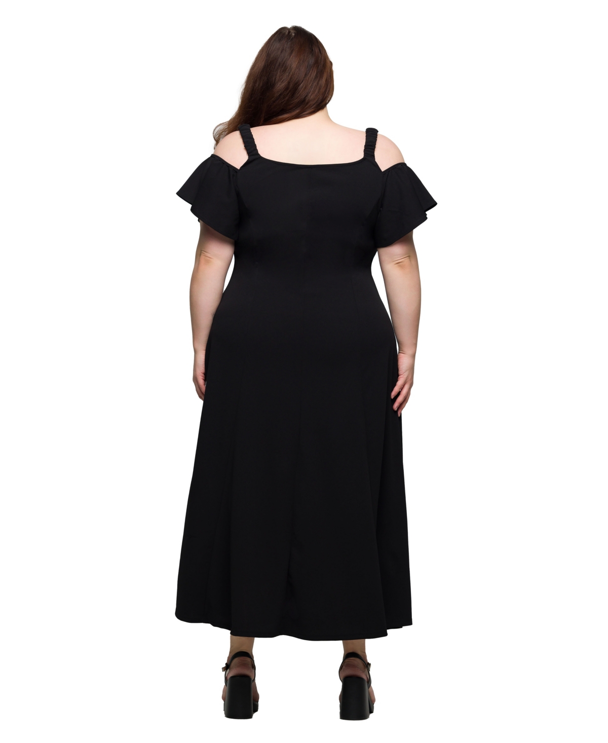 24SEVEN COMFORT APPAREL PLUS SIZE COLD SHOULDER RUFFLE SLEEVE A-LINE MAXI DRESS 