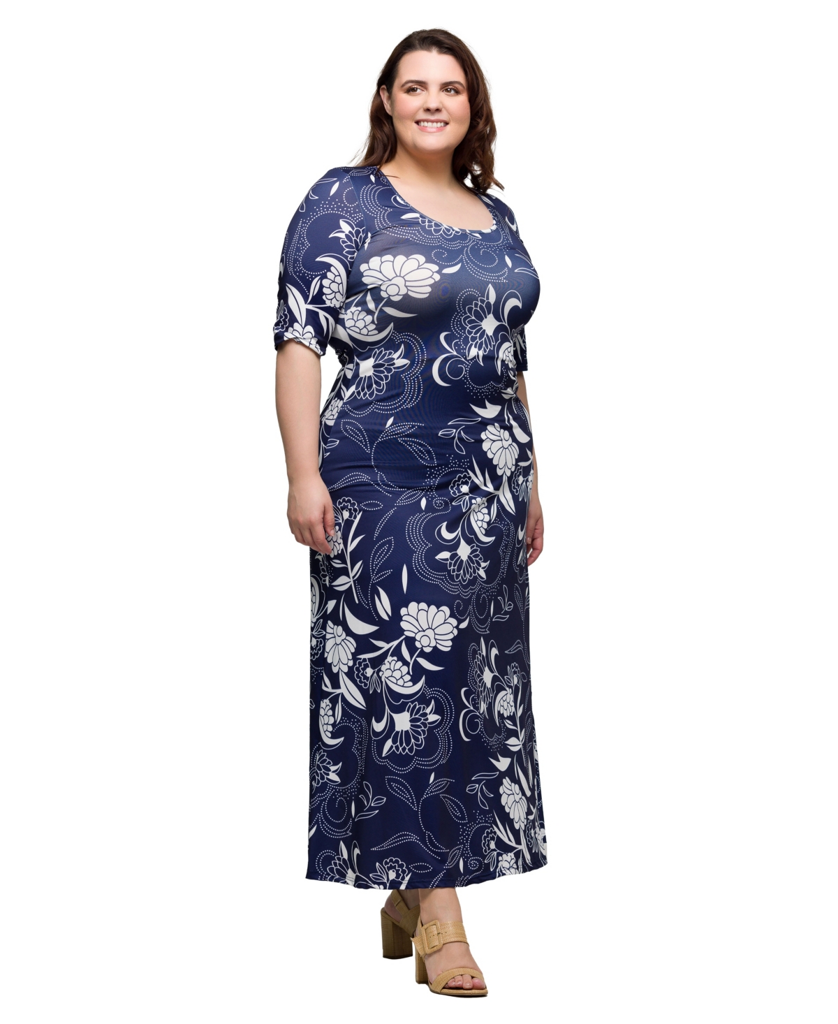 24SEVEN COMFORT APPAREL PLUS SIZE PRINT ELBOW SLEEVE CASUAL A-LINE MAXI DRESS 