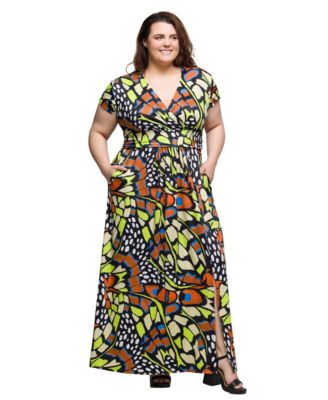 Plus Size Cap Sleeve V-Neck Side Slit Pocket Maxi Dress