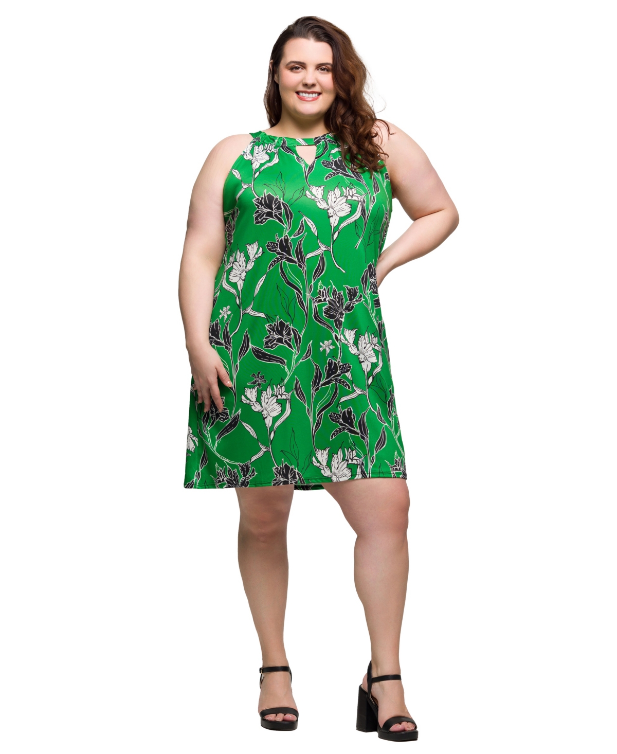 24seven Comfort Apparel Plus Size Knee Length Print Sleeveless Keyhole Dress In Green