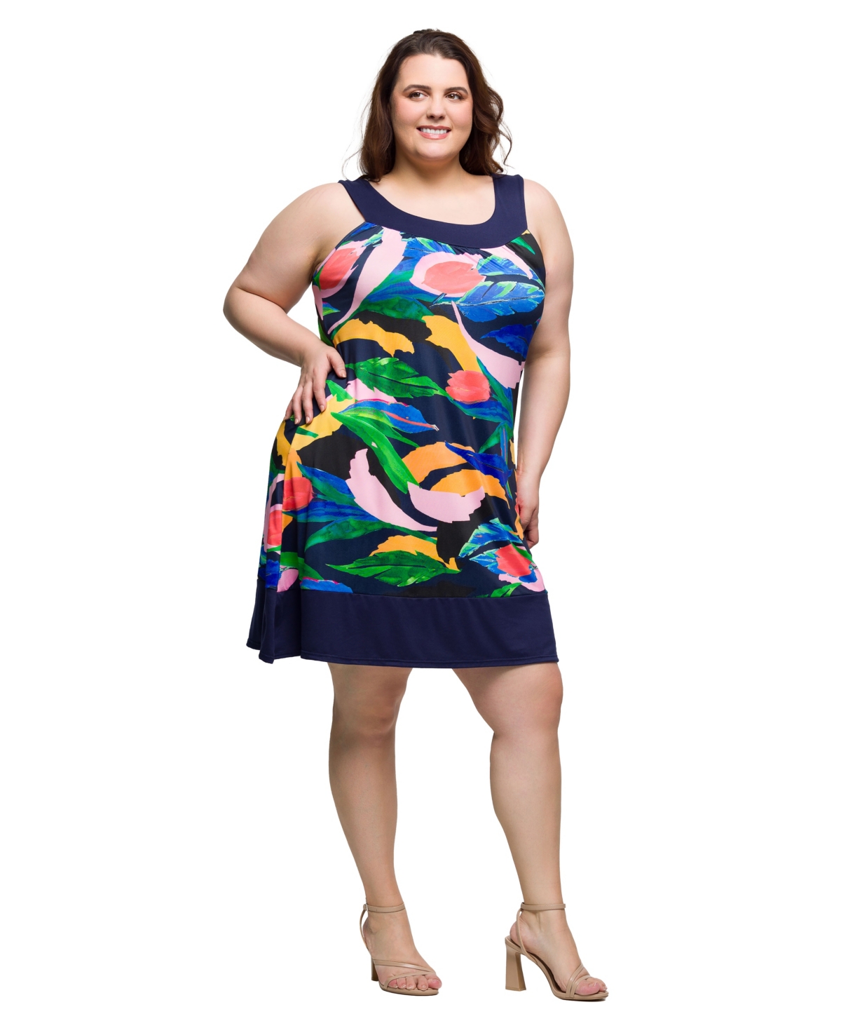 24seven Comfort Apparel Plus Size Scoop Neck Sleeveless Knee Length Dress In Blue Multi