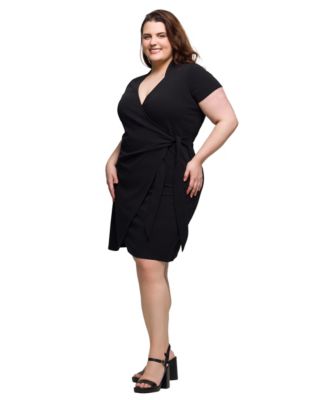 Plus Size Mandarin Collar Knee Length Wrap Dress