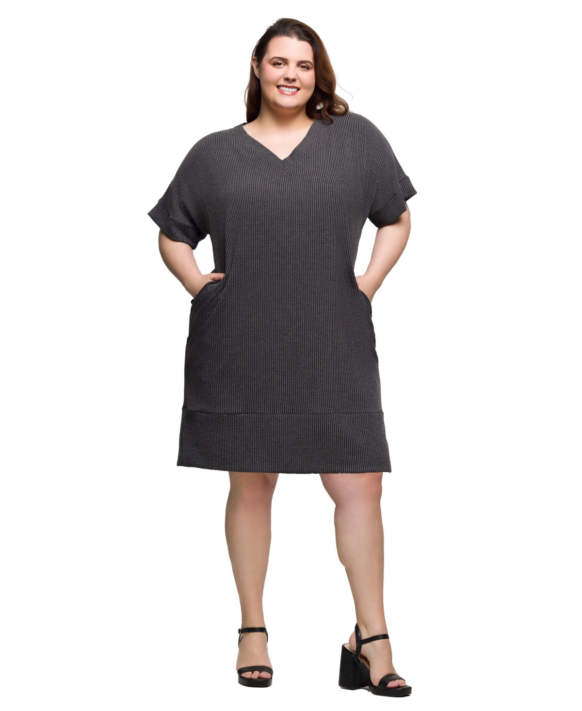 24seven Comfort Apparel Plus Size V-neck Loose Fit Short Sleeve Pocket T Shirt Dress