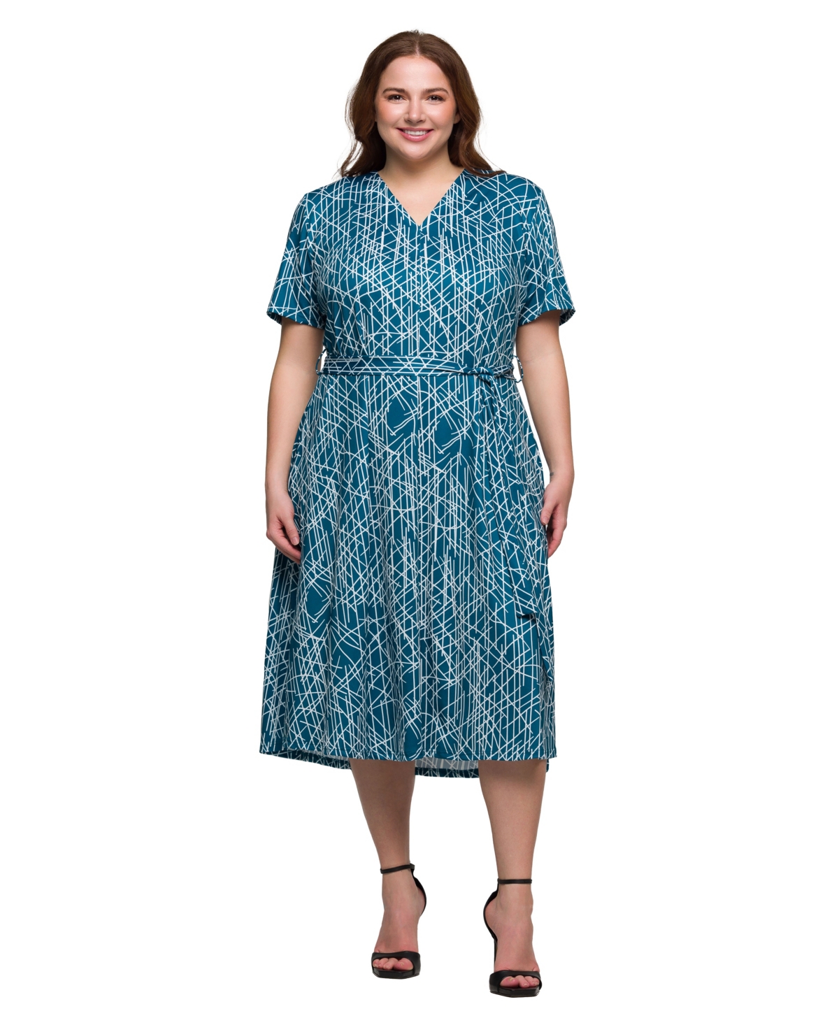 Plus Size Print Short Sleeve Tie Waist Midi Dress - Blue Multi