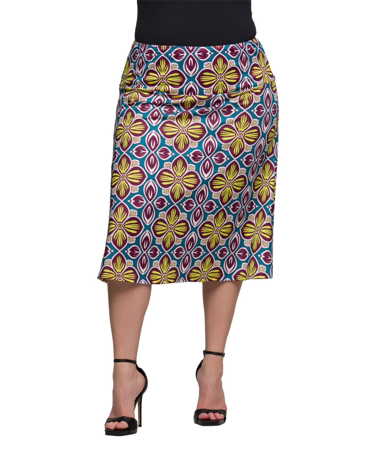 24seven Comfort Apparel Plus Size Print Comfortable Elastic Waist Knee Length Skirt In Yellow Multi