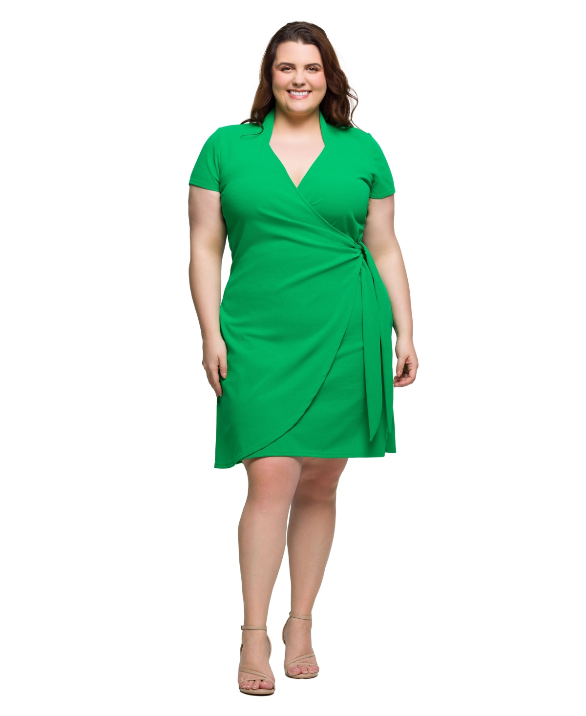 24seven Comfort Apparel Plus Size Mandarin Collar Knee Length Wrap Dress