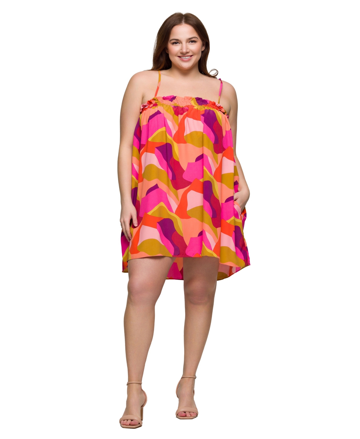 Plus Size Square Neck Spaghetti Strap Smocked Pockets Mini Dress - Orange Multi