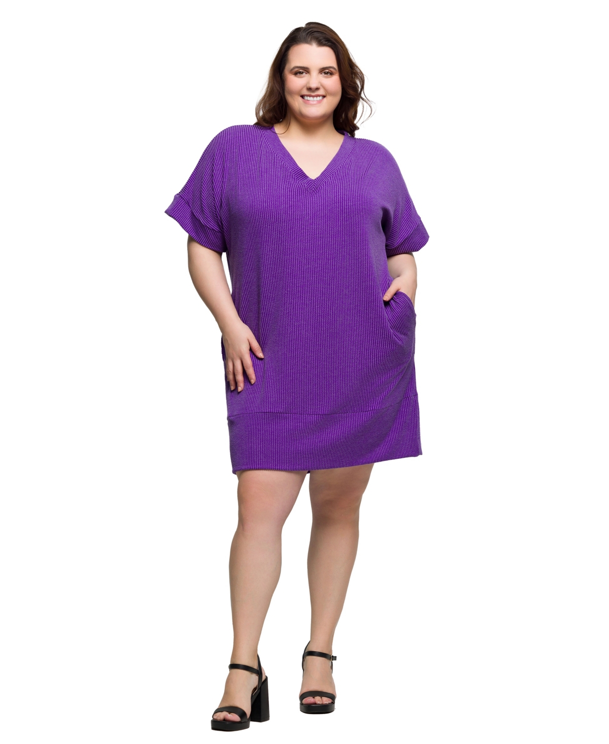 Plus Size V-Neck Loose Fit Short Sleeve Pocket T Shirt Dress - Black