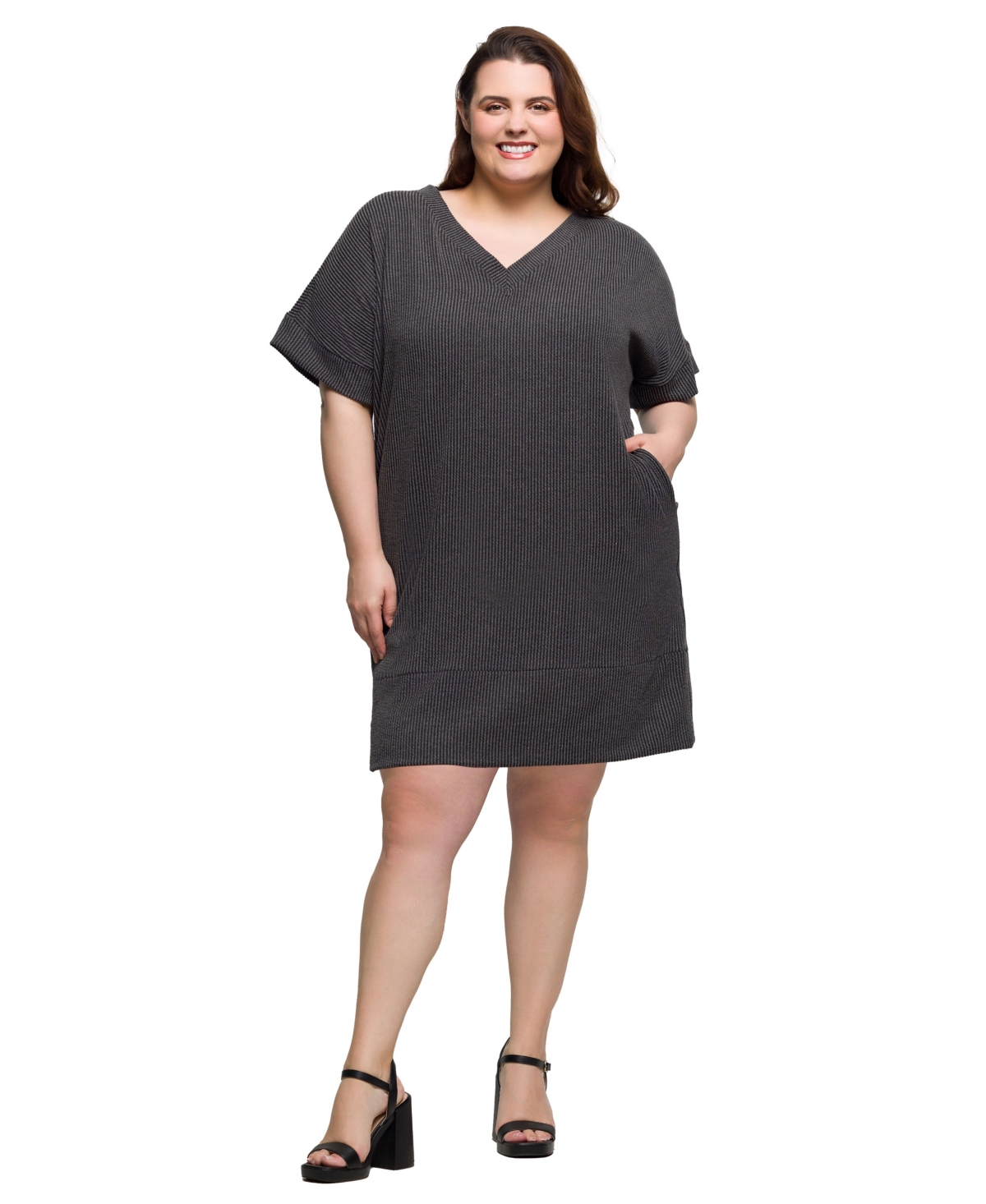 24seven Comfort Apparel Plus Size V-neck Loose Fit Short Sleeve Pocket T Shirt Dress