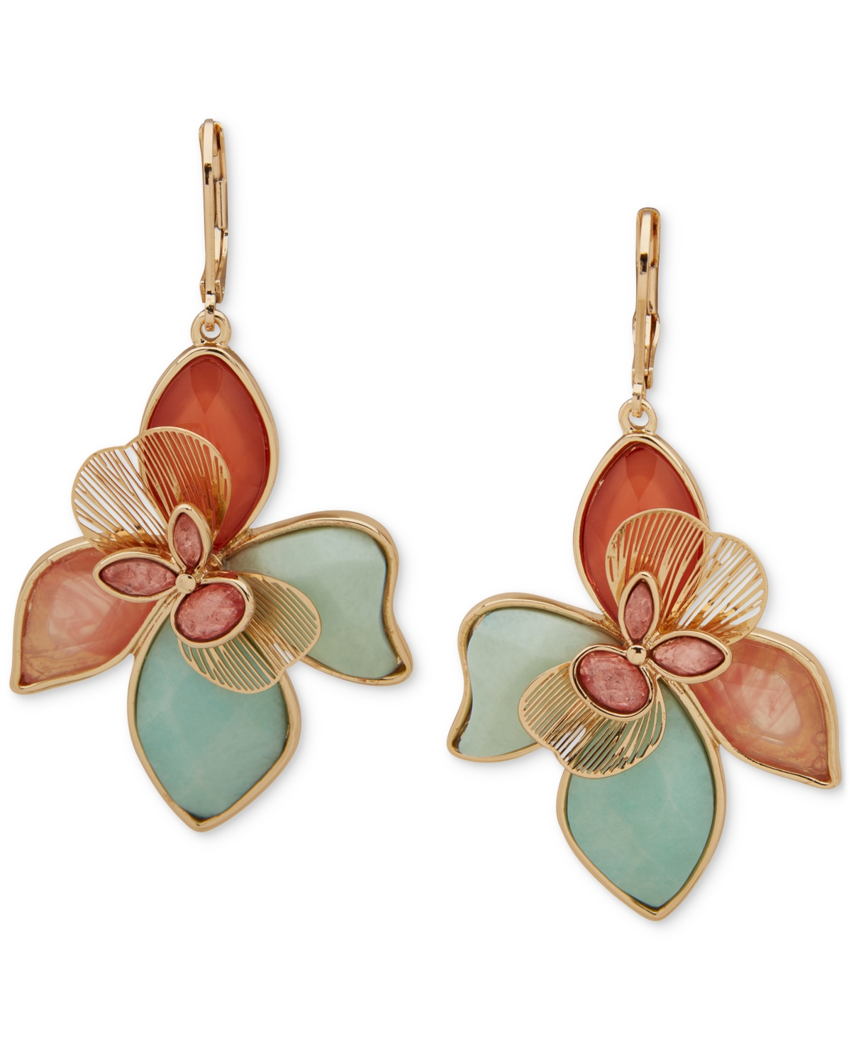 Gold-Tone Mixed Stone Flower Statement Earrings - Seafoam