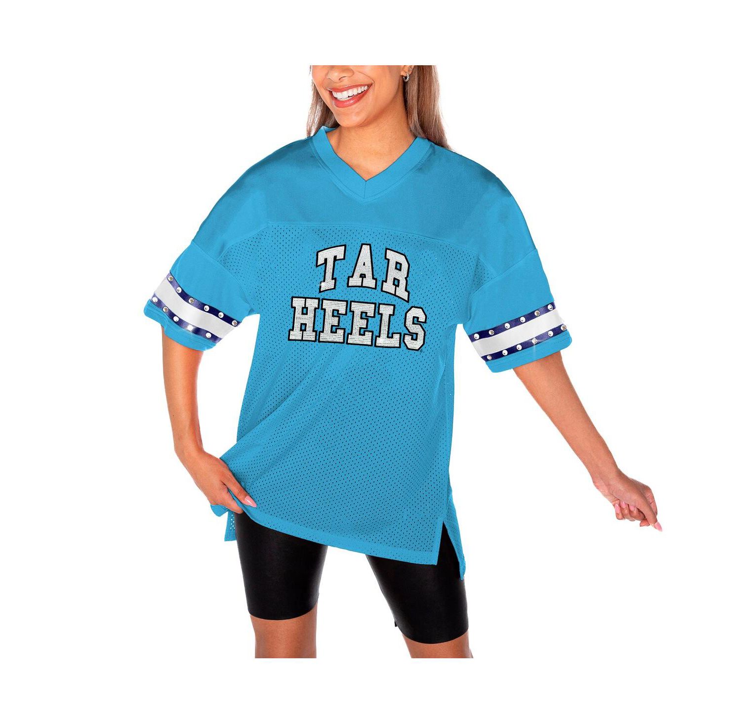 Women's Light Blue North Carolina Tar Heels Until Kickoff Rhinestone Fashion T-Shirt