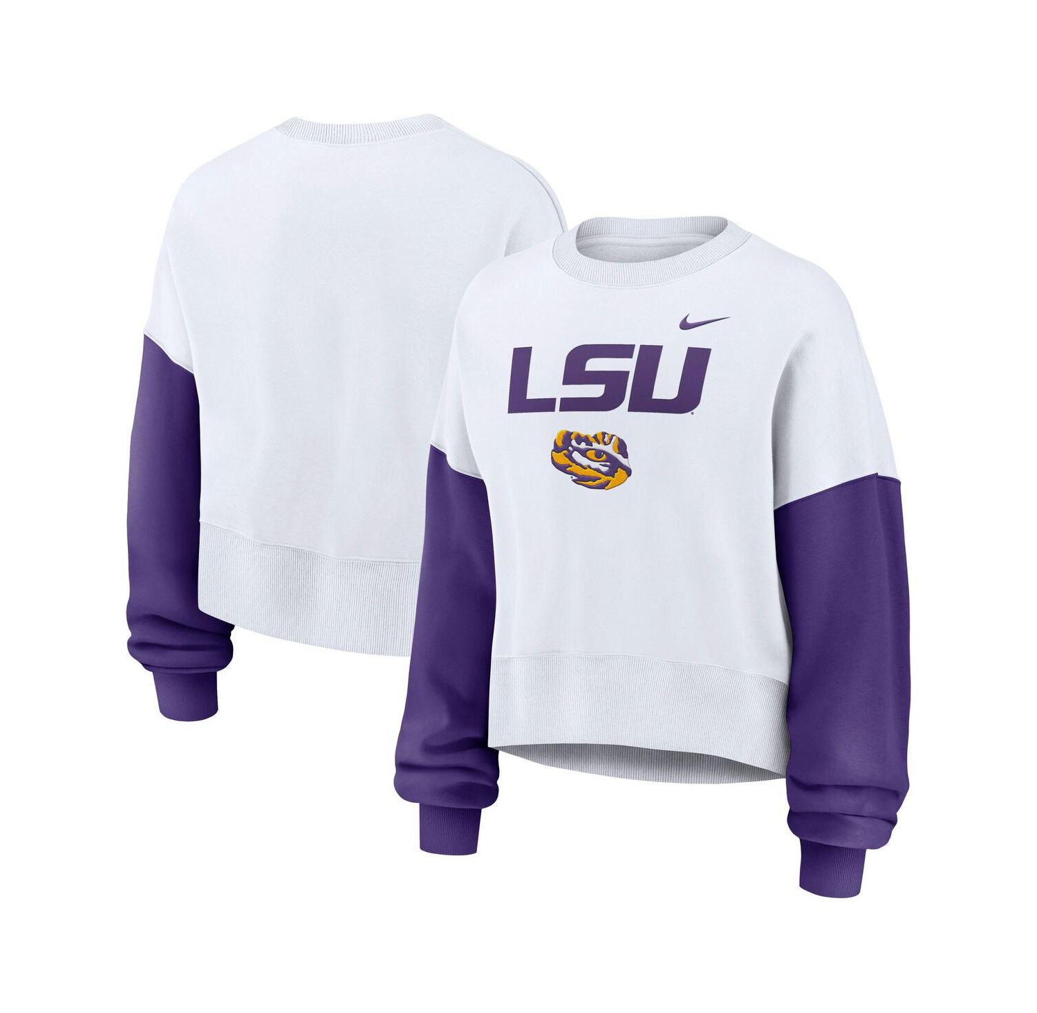 Women's White LSU Tigers Color-Block Oversized Cropped Pullover Sweatshirt