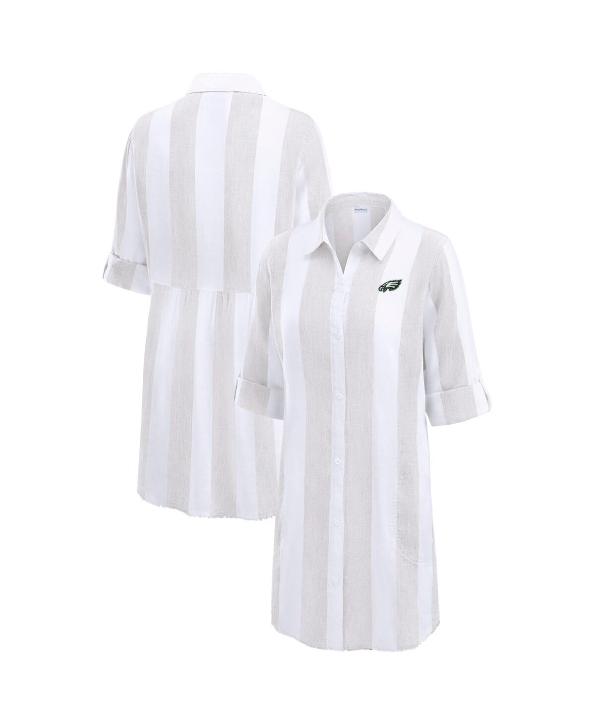 Tommy Bahama Women's Khaki/white Philadelphia Eagles Rugby Beach Stripe Button-up Tunic Top In Khaki,white