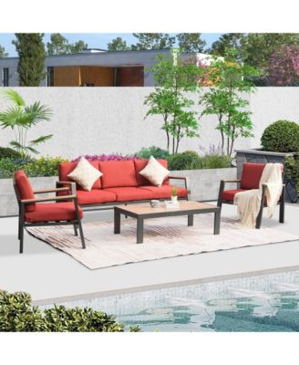 4 Pieces Aluminum Outdoor Patio Furniture Set, Modern Outdoor Sectional with Coffee Table, Outdoor Patio Sectional Sofa Set, Red