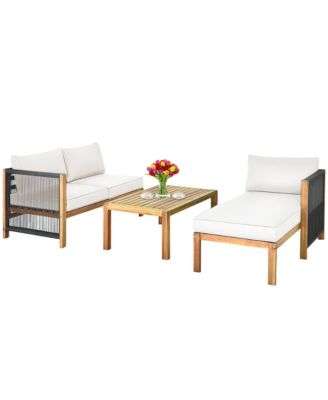 3PCS Patio Acacia Wood Sofa Furniture Set Thick Cushion W/ Nylon Rope Armrest