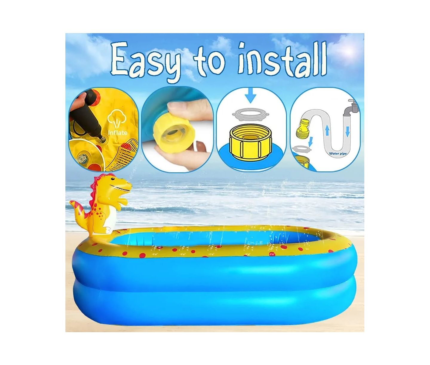 Детская игрушка Cowin Inflatable Dinosaur Pool, 67"L x 41"W x 31.5"H, PVC, 3-in-1 Sprinkler, Ages 2+ — фото 6