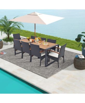 9 Pieces Patio Rattan Dining Set with Acacia Wood Table for Backyard Garden-Wood Handrail