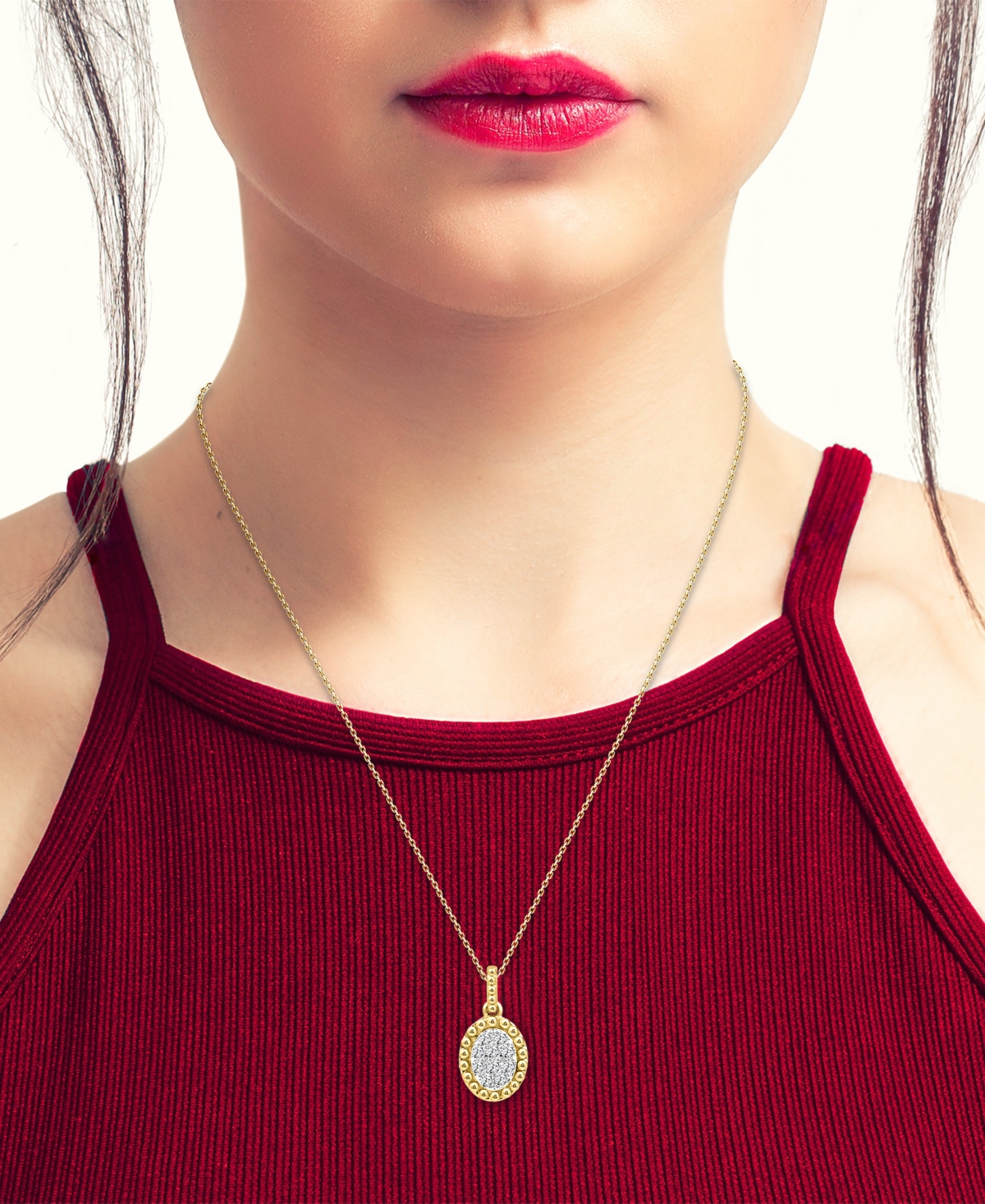 Macy's Diamond Oval Cluster Bead Frame Pendant Necklace (1/10 Ct. T.w.) In 14k Gold, 16" + 2" Extender