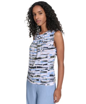 Women's Printed Pleated-Neck Sleeveless Top