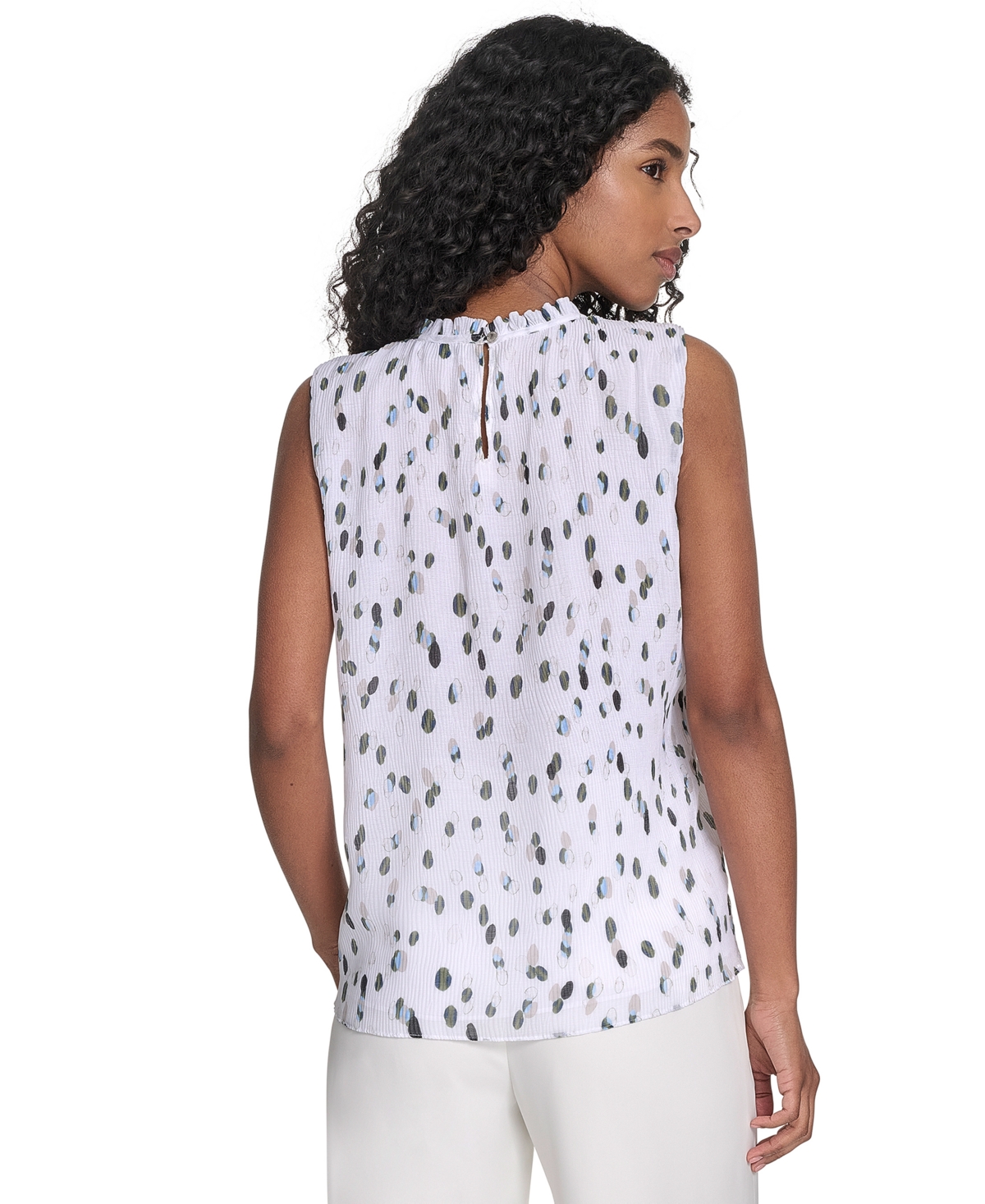 Calvin Klein Women's Printed Ruffled-neck Sleeveless Blouse