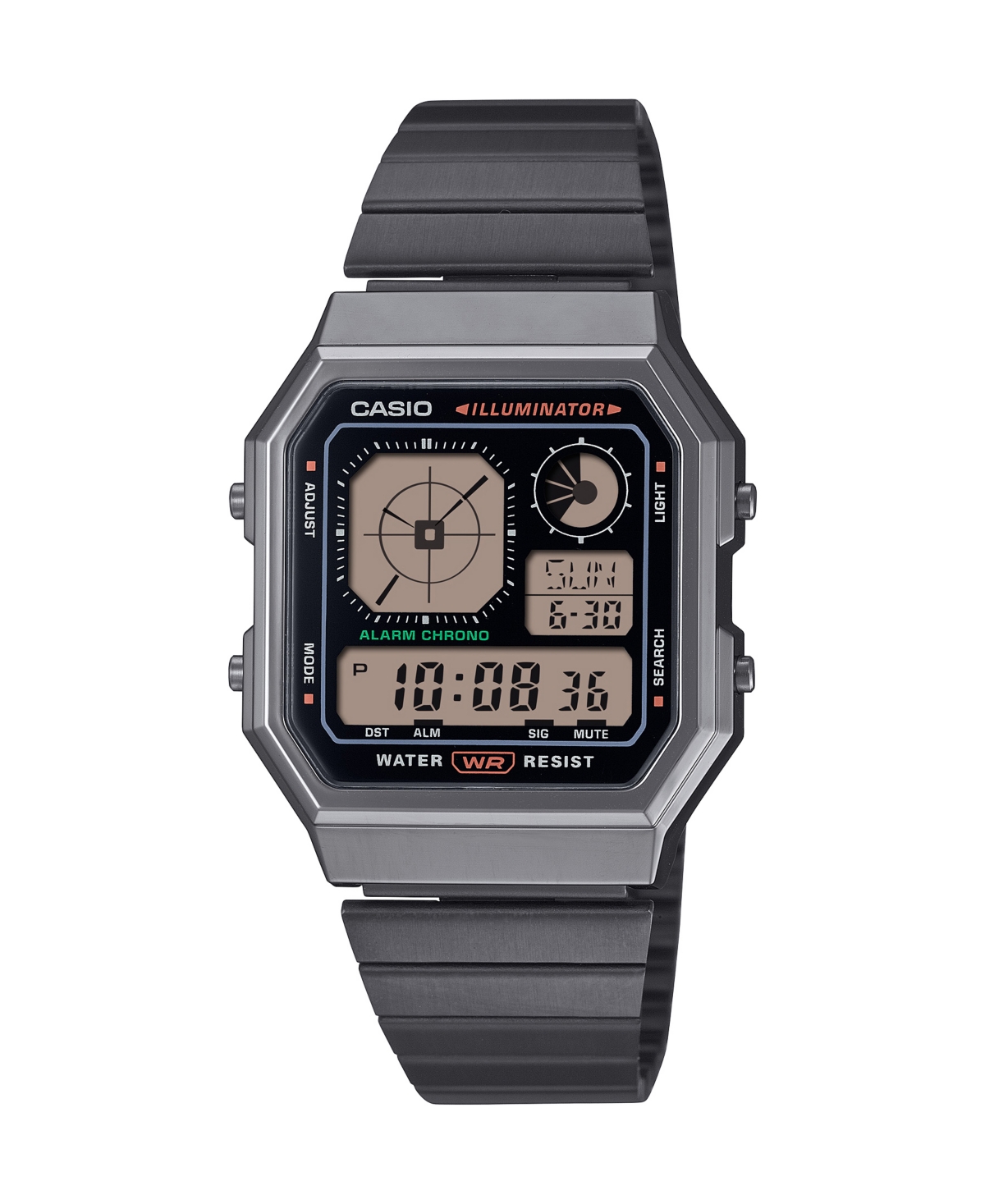 Men's Vintage Digital Gunmetal-Tone Stainless Steel Bracelet Watch 34mm - Black