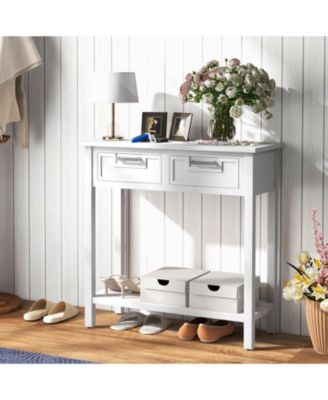 Narrow Console Table with Drawers and Open Storage Shelf