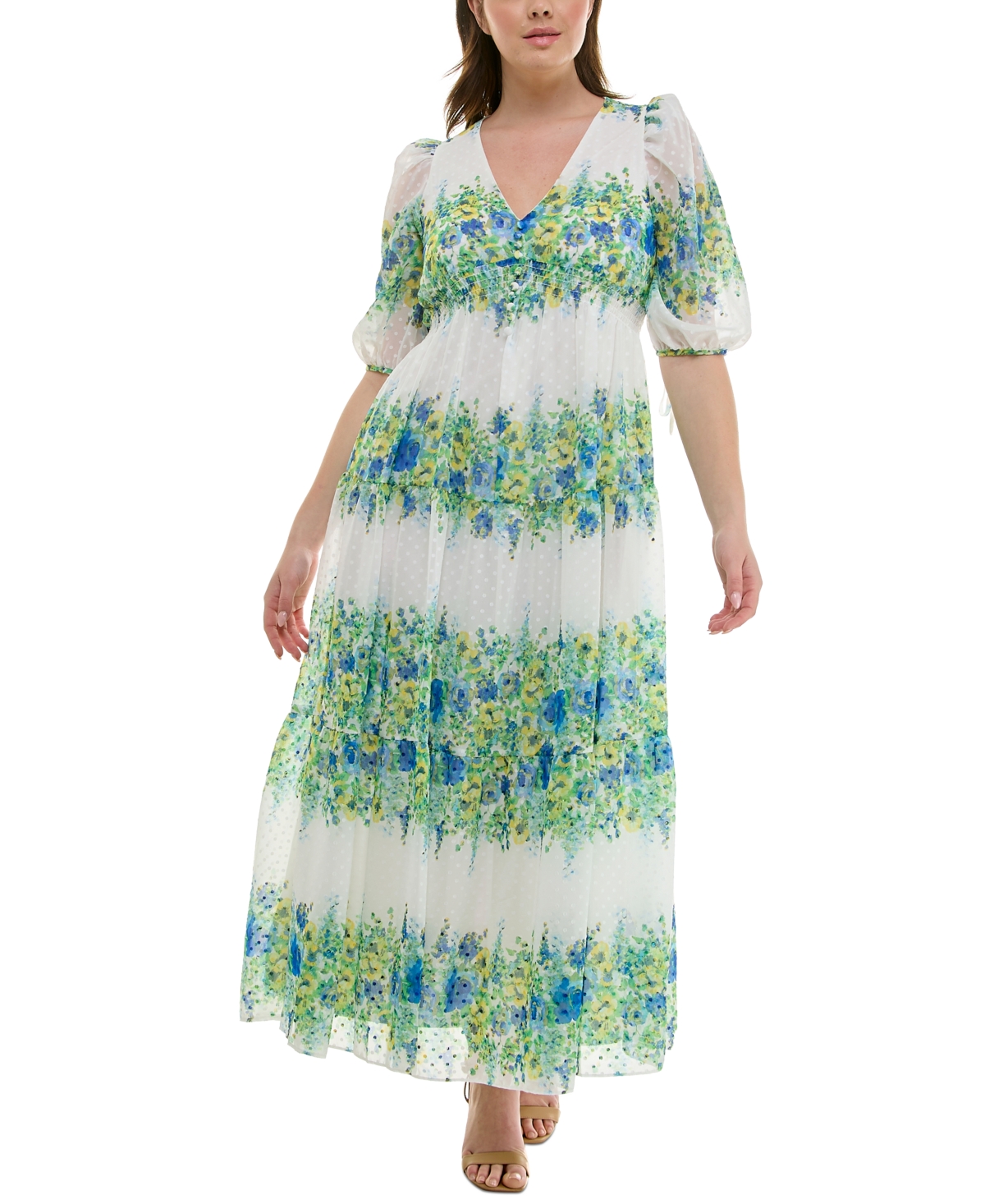 Taylor Plus Size Floral-print Chiffon A-line Midi Dress In Ivory Cerulean
