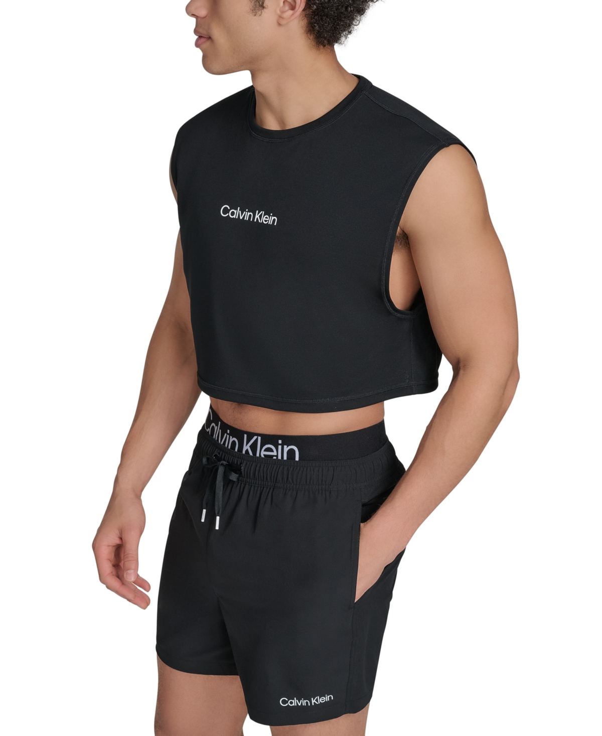 Calvin Klein Men's Cropped Logo Swim Tank Top In Black