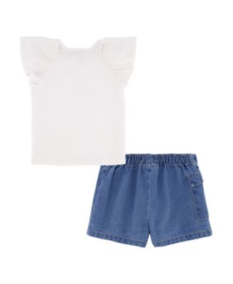 Toddler and Little Girls 2-Piece Printed Flutter Sleeve Top and Denim Pleated Skirt