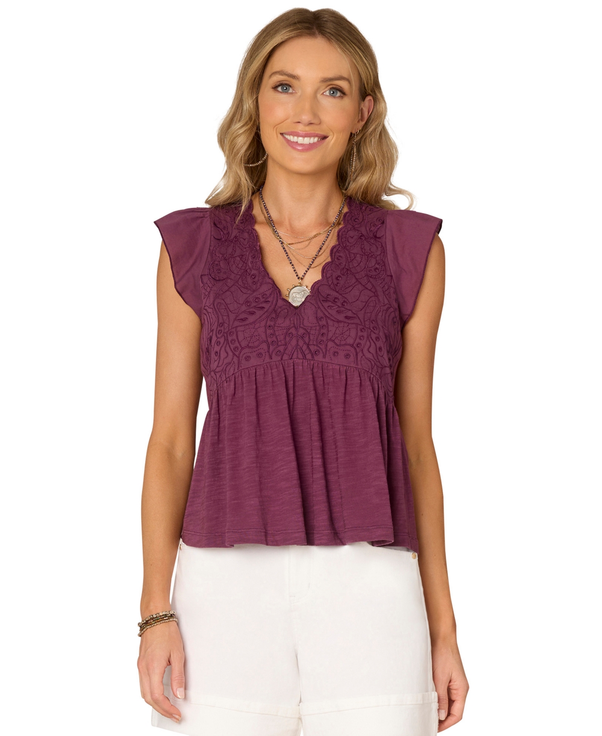 Petite Embroidered Cotton Flutter-Sleeve Top - Cashmere Rose