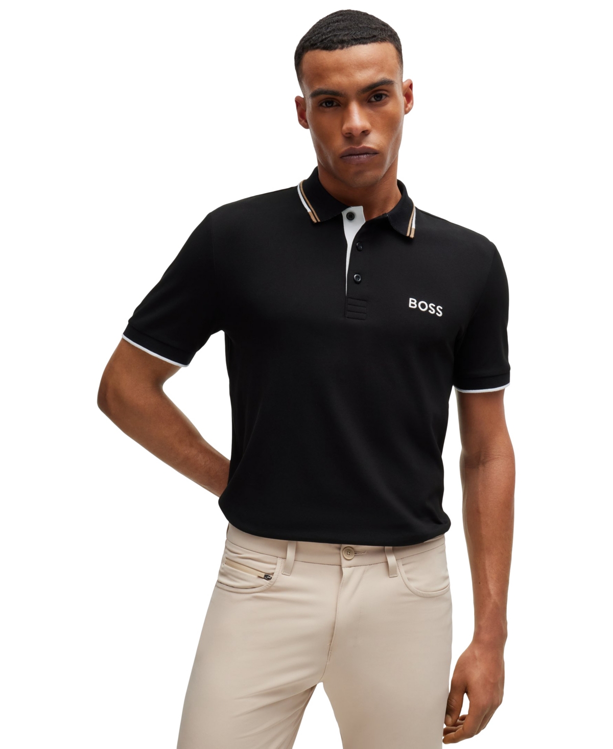 Boss by Hugo Boss Men's Contrast Logo Cotton-Blend Polo Shirt - Black