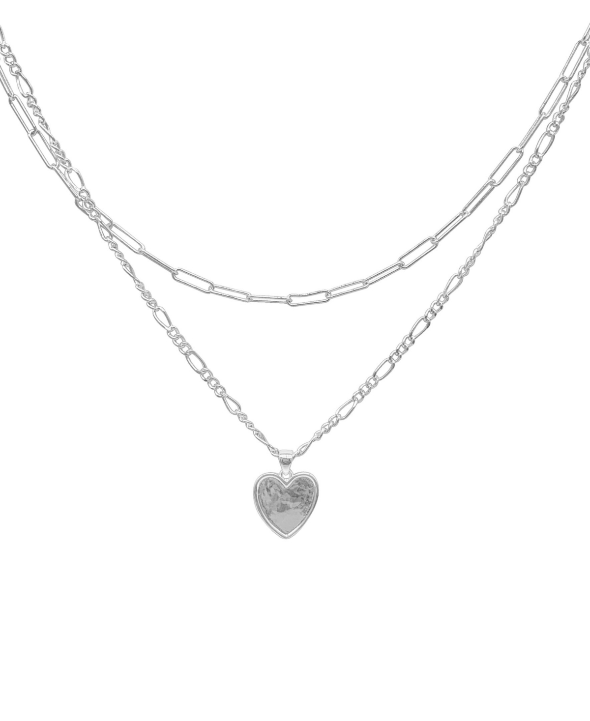 Silver Paper Clip and Figaro Heart Chain Set - Silver