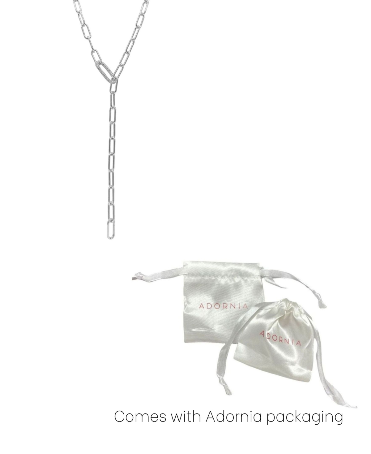 Adornia Silver Plated Paper Clip Chain Lariat Necklace With Crystal Adjustable Lock In Silver