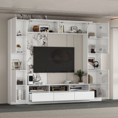 TV stand with bookshelf and 10 cabinet doors, multi-purpose media console, entertainment center in white wood