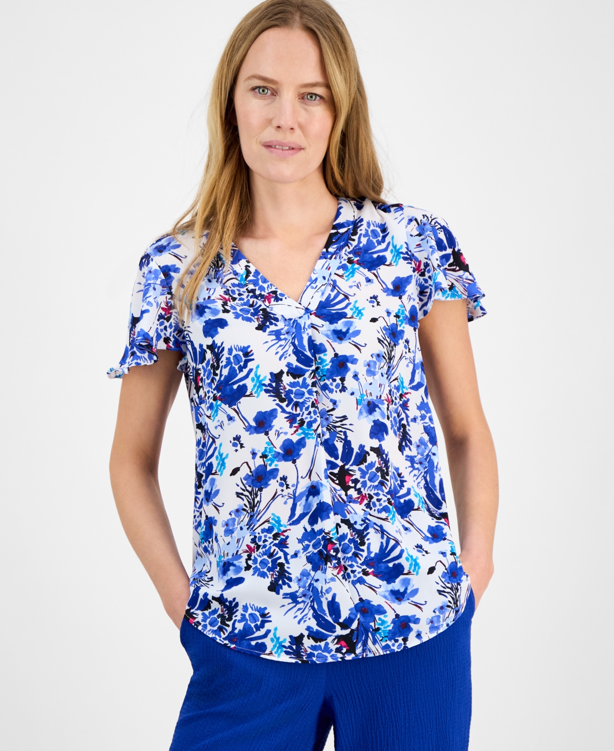 Women's Printed Flutter-Sleeve Tunic - Bright White Mult
