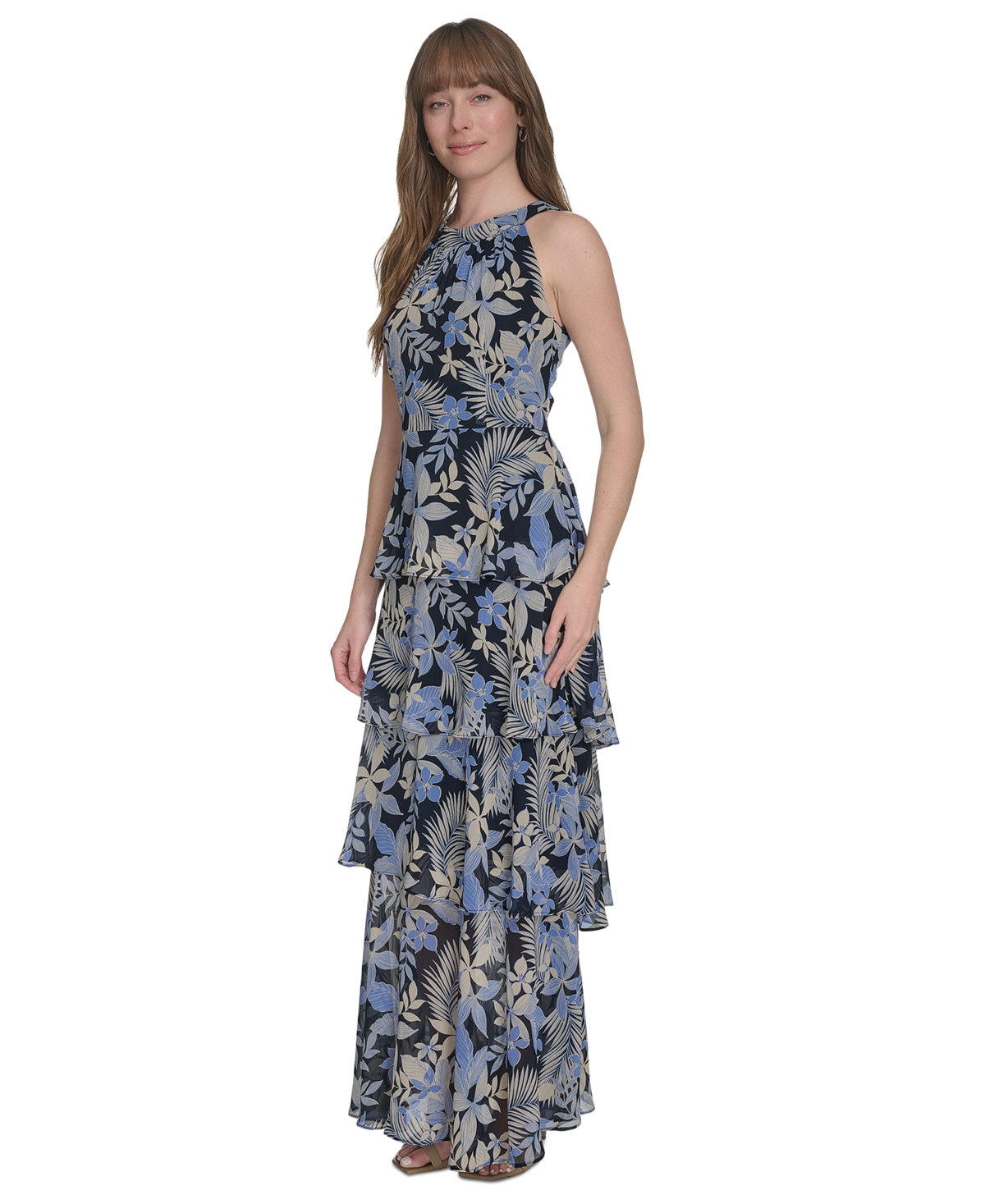 Tommy Hilfiger Women's Printed Tiered Halter Maxi Dress In French Blue Multi